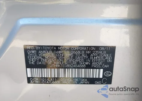 2011 Lexus Es 350 from USA, damaged, VIN JTHBK1EG8B2464688